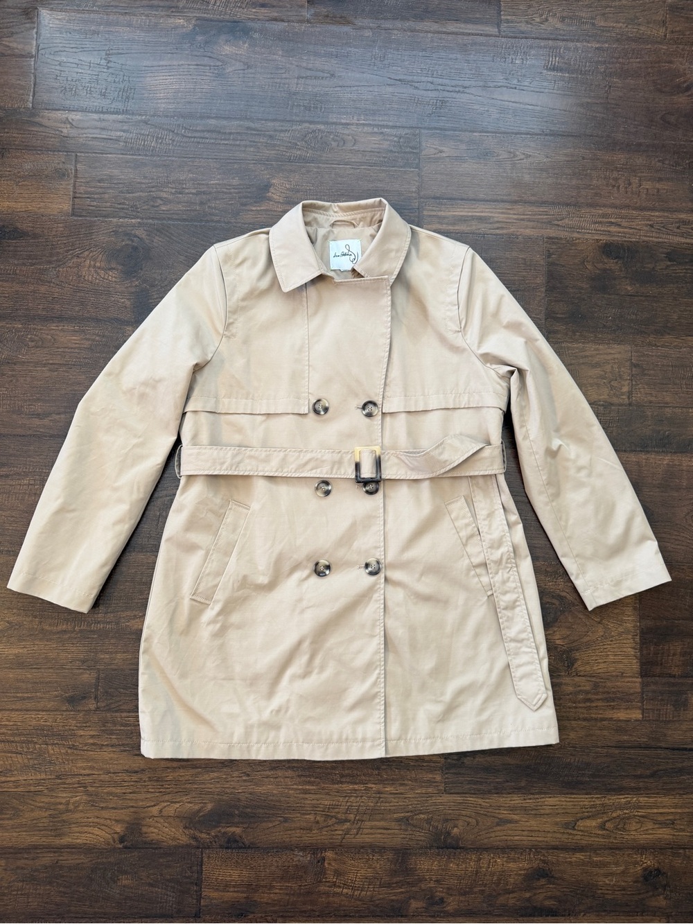 Sam Edelman Women's L Beige Double-Breasted Belted Longline Trench Rain Coat